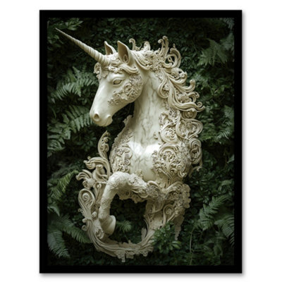 Artery8 Framed Wall Art Filigree Marble Unicorn Statue Fern Frond Leaves Print - 12X16 Inch - image 1