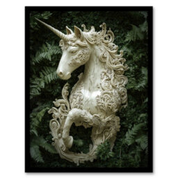 Artery8 Framed Wall Art Filigree Marble Unicorn Statue Fern Frond Leaves Print - 12X16 Inch - thumbnail 1