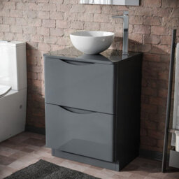Merton Grey 600mm Bathroom Freestanding Vanity Unit Round Ceramic Countertop - thumbnail 4