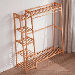 Bamboo Hanging Display Stands Wooden Garment Rack Large Clothes Rail Wardrobe - thumbnail 3