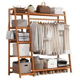 Bamboo Hanging Display Stands Wooden Garment Rack Large Clothes Rail Wardrobe - thumbnail 5