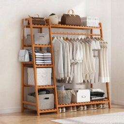 Bamboo Hanging Display Stands Wooden Garment Rack Large Clothes Rail Wardrobe - thumbnail 4
