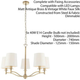 Multi Light Ceiling Pendant 5 Bulb Antique Brass & White Chandelier Lamp Shade - thumbnail 2