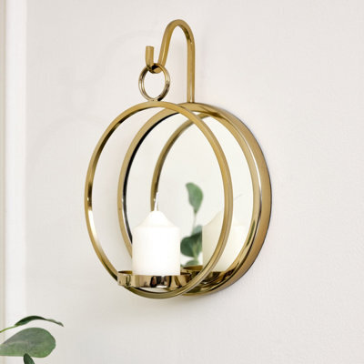 Melody Maison Round Gold Mirrored Wall Candle Sconce - image 1