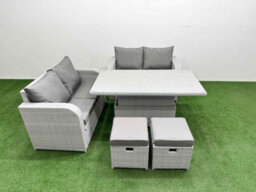 Fimous 6 Seater Outdoor Love Sofa Set Rattan Garden Furniture Set Adjustable Lifting Table 2 Small Stools Light Grey - thumbnail 1
