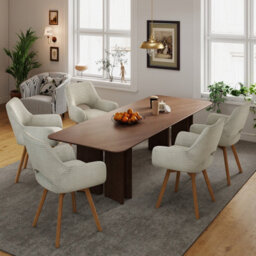 Longtoo Set Of 6 Swivel Dining Chairs , Swivel Upholstered Chairs With Armrests And Wooden Legs, Beige - thumbnail 1