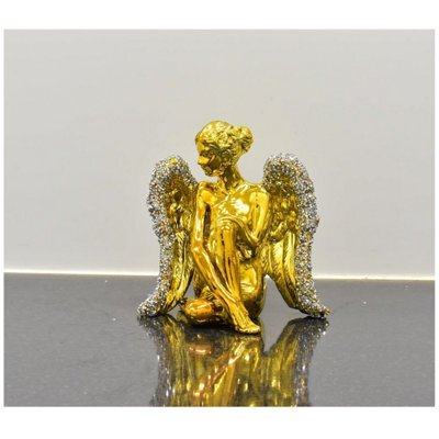 DEENZ Gold Sitting Angel With Wide Wings Crushed Ornament Sparkle Diamond