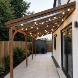 Rutland County Garden Furniture Wall Mounted Polycarbonate Roof Gazebo - Rustic Brown - 4.5M Depth X 7.22M Width - 4 Posts / Brown Glazing Bars / Opal Sheets