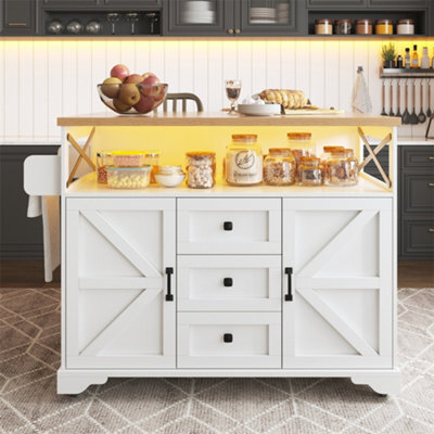 Abrihome Serving Cart Kitchen Rollable With Drop-Leaf Table & App Led Lighting, Modern Kitchen Island With Snack Shelves & Storage, White - image 1