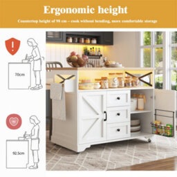 Abrihome Serving Cart Kitchen Rollable With Drop-Leaf Table & App Led Lighting, Modern Kitchen Island With Snack Shelves & Storage, White - thumbnail 3