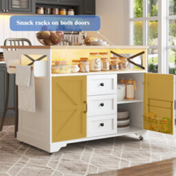 Abrihome Serving Cart Kitchen Rollable With Drop-Leaf Table & App Led Lighting, Modern Kitchen Island With Snack Shelves & Storage, White - thumbnail 2