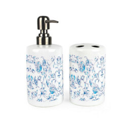 Purely Home Blue Roses Bathroom Set - Refillable Ceramic Soap Dispenser & Toothbrush Holder