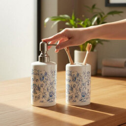 Purely Home Blue Roses Bathroom Set - Refillable Ceramic Soap Dispenser & Toothbrush Holder - thumbnail 2