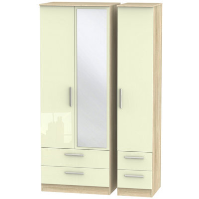 Trent Tall Triple 4 Drawer Mirror Wardrobe In Cream & Bardolino Oak (Ready Assembled)