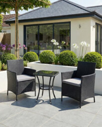 Evre Copenhagen Black Outdoor Rattan Garden Bistro Set 2 Seater Wicker Table & Chairs Furniture With Cushions Glass Coffee Table - thumbnail 1