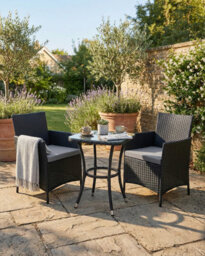 Evre Copenhagen Black Outdoor Rattan Garden Bistro Set 2 Seater Wicker Table & Chairs Furniture With Cushions Glass Coffee Table - thumbnail 2