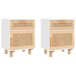 Vidaxl Bedside Cabinets 2 Pcs White Solid Wood Pine And Natural Rattan - thumbnail 2