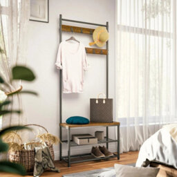 Coat Rack Stand Shoe Storage Bench With 9 Hooks Industrial Style Retro - thumbnail 5
