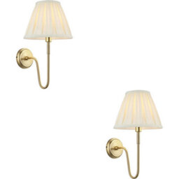 Loops 2 Pack Indoor Antique Brass Plate Wall Light - Cream Fabric Shade - Dimmable 10W Led E27