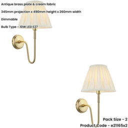 Loops 2 Pack Indoor Antique Brass Plate Wall Light - Cream Fabric Shade - Dimmable 10W Led E27 - thumbnail 2