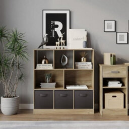 Urbn-Living Urbnliving Asymmetrical 8 Cube Oak Bookcase Storage Unit With 3 Fabric Drawer Inserts- Black - thumbnail 2