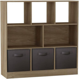 Urbn-Living Urbnliving Asymmetrical 8 Cube Oak Bookcase Storage Unit With 3 Fabric Drawer Inserts- Black
