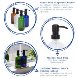 Harbour Housewares 2Pc Glass Soap Dispenser Set With Bamboo Tray & Labels - 500Ml - Blue/black Refillable Pump Bottles - thumbnail 2
