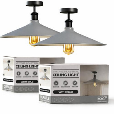 Pack Of 2 Industrial Semi Flush Mount Ceiling Lighting E27 Base Grey Metal Shade Ceiling Lamp Fixture For Kitchen With Bulb - image 1