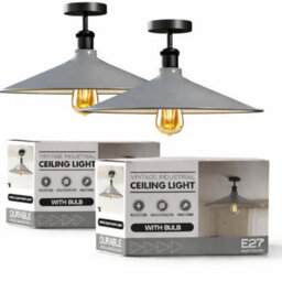 Pack Of 2 Industrial Semi Flush Mount Ceiling Lighting E27 Base Grey Metal Shade Ceiling Lamp Fixture For Kitchen With Bulb