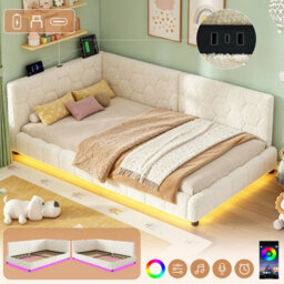Abrihome 3Ft Single Boucle Bed Beige With Smart Rgb Led, Type-C/usb Ports, Tufted Headboard, Two Build Methods, Mattress Not Included - thumbnail 5