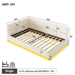 Abrihome 3Ft Single Boucle Bed Beige With Smart Rgb Led, Type-C/usb Ports, Tufted Headboard, Two Build Methods, Mattress Not Included - thumbnail 6