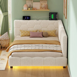 Abrihome 3Ft Single Boucle Bed Beige With Smart Rgb Led, Type-C/usb Ports, Tufted Headboard, Two Build Methods, Mattress Not Included - thumbnail 8