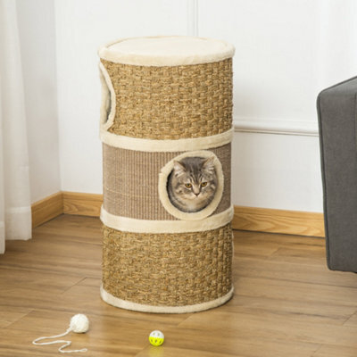 Pawhut Cat Scratching Barrel Pet Furniture Sisal Plushfor Indoor Cats, Khaki - image 1