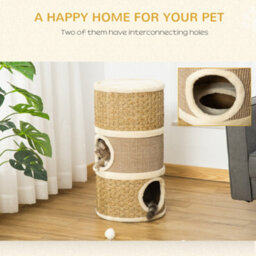 Pawhut Cat Scratching Barrel Pet Furniture Sisal Plushfor Indoor Cats, Khaki - thumbnail 4
