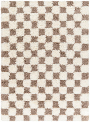 Livabliss Urban Shaggy-Modern Cream Brown Checkered Soft Plush Pile Living Bedroom Rug 130 X 170 Cm Easy Care, Non Shedding - image 1