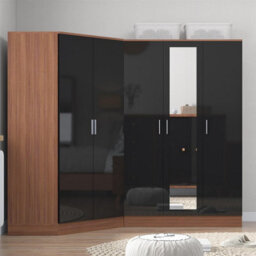 Reflect 2Pc Wardrobe Bundle - 2 Door Corner + 3 Door Mirror - Black Gloss & Walnut - H: 180Cm X W: 179Cm X D: 103Cm - thumbnail 3