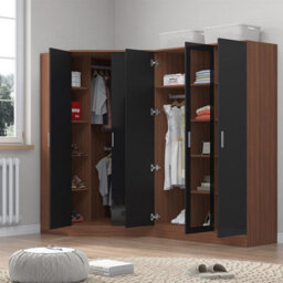 Reflect 2Pc Wardrobe Bundle - 2 Door Corner + 3 Door Mirror - Black Gloss & Walnut - H: 180Cm X W: 179Cm X D: 103Cm - thumbnail 2