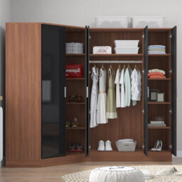 Reflect 2Pc Wardrobe Bundle - 2 Door Corner + 3 Door Mirror - Black Gloss & Walnut - H: 180Cm X W: 179Cm X D: 103Cm - thumbnail 4