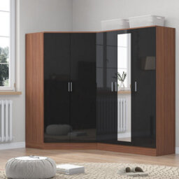 Reflect 2Pc Wardrobe Bundle - 2 Door Corner + 3 Door Mirror - Black Gloss & Walnut - H: 180Cm X W: 179Cm X D: 103Cm - thumbnail 1