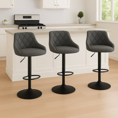 Mof Adjustable Bar Stools Set Of 3, Dark Grey Faux Leather, Quilted Diamond Pattern, Swivel Counter Height Chairs With Footrest