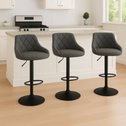 Mof Adjustable Bar Stools Set Of 3, Dark Grey Faux Leather, Quilted Diamond Pattern, Swivel Counter Height Chairs With Footrest