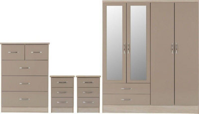 Seconique Nevada 4 Door 2 Drawer Mirrored Wardrobe Set Oyster Gloss 2 Man Del - image 1