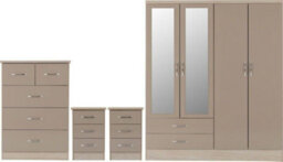 Seconique Nevada 4 Door 2 Drawer Mirrored Wardrobe Set Oyster Gloss 2 Man Del - thumbnail 1