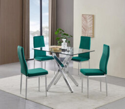 Furnizone UK Rexel 4-Seater 120Cm Rectangular Clear Glass Dining Table And 4 Monza Green Velvet Chairs