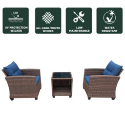 3 Pieces Outdoor Pe Rattan Bistro Set, With Tempered Glass Top Coffee Table, Thick Padded Armchair - Brown - thumbnail 5