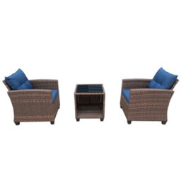 3 Pieces Outdoor Pe Rattan Bistro Set, With Tempered Glass Top Coffee Table, Thick Padded Armchair - Brown - thumbnail 3