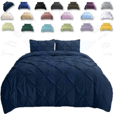 TheWhiteWater Limited Pintuck Duvet Cover Set + Matching Pillowcases, Hand Stitches Quilt Bedding Set - Navy - image 1