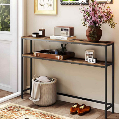 Long Console Table With 2 Shelves, Narrow Hallway Sofa Table For Entryway, Rustic Brown And Ink Black - image 1
