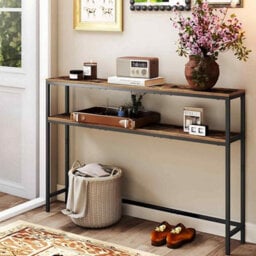 Long Console Table With 2 Shelves, Narrow Hallway Sofa Table For Entryway, Rustic Brown And Ink Black