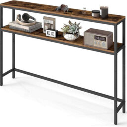Long Console Table With 2 Shelves, Narrow Hallway Sofa Table For Entryway, Rustic Brown And Ink Black - thumbnail 6